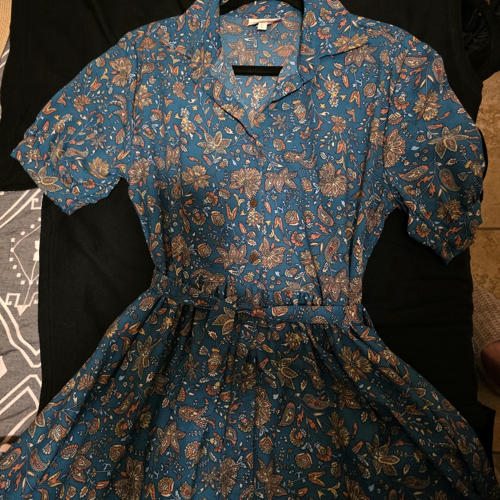 Teal Blue Floral Maxi Shirt Dress with Self Tie Belt - Picture 3 of 4